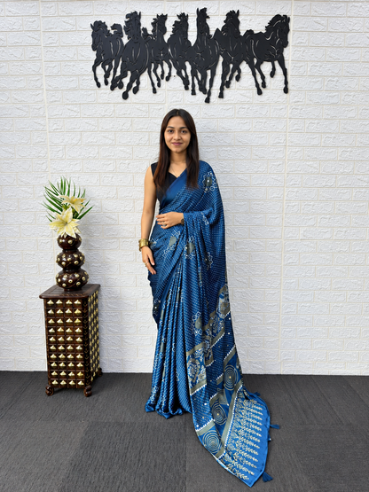 Prussian Blue Japan Satin Silk Mirror Work Saree