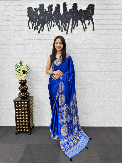 Blue Twilight Premium Japan Satin Silk Festive Saree with Viscose Latkan Border