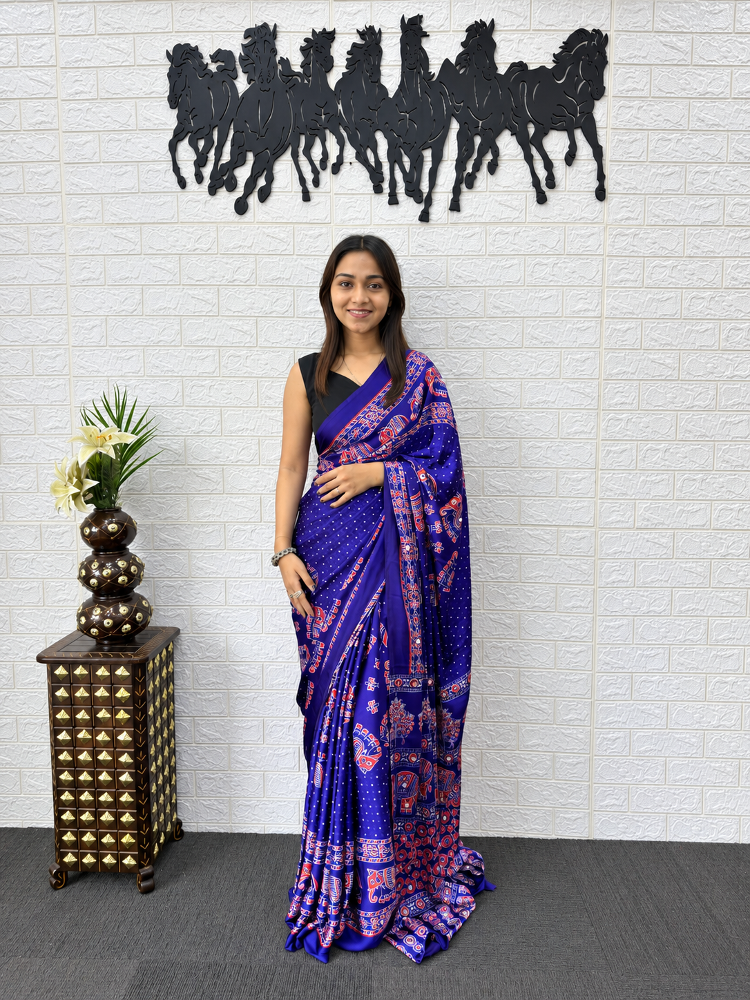 The Blue Darbar Heritage Print  Intricate Borders Saree