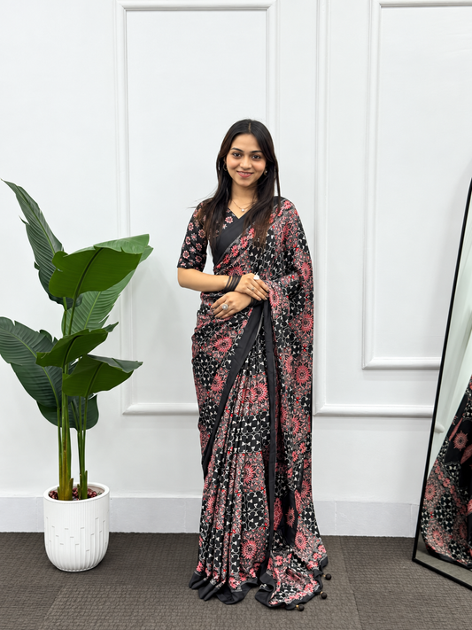 Everyday Glam Premium Crepe Silk Saree with Beautiful Floral Mandala Prints