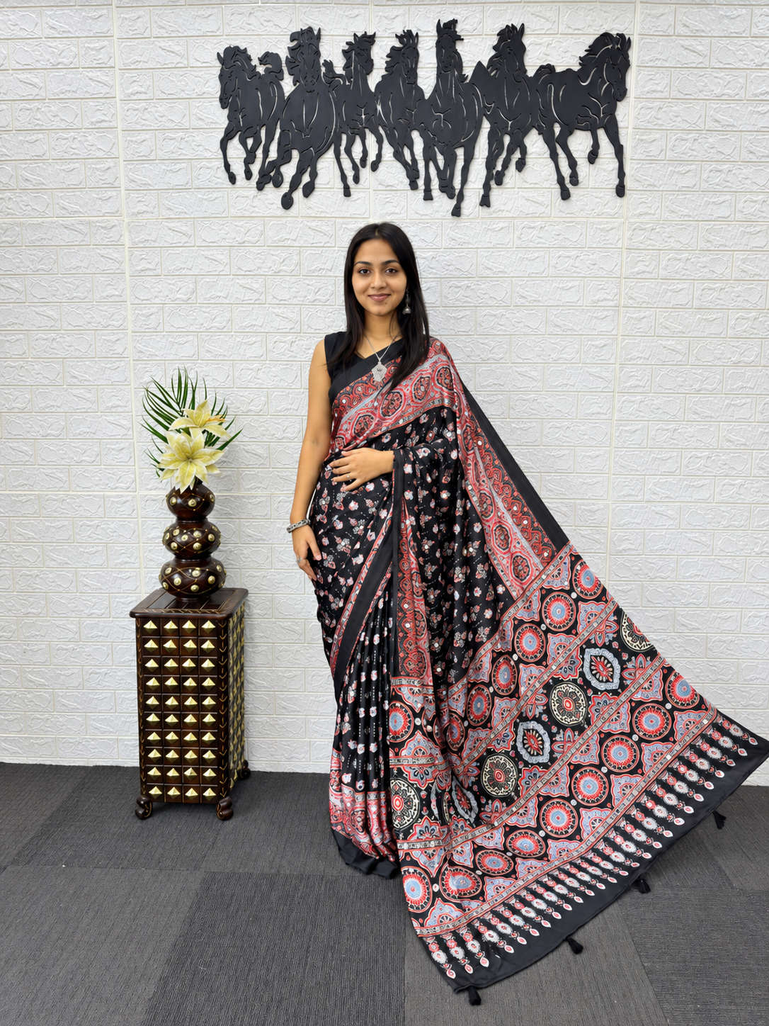 Mirror Magic Japan Satin Silk Saree with Viscose Latkan