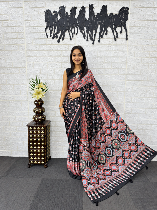 Mirror Magic Japan Satin Silk Saree with Viscose Latkan
