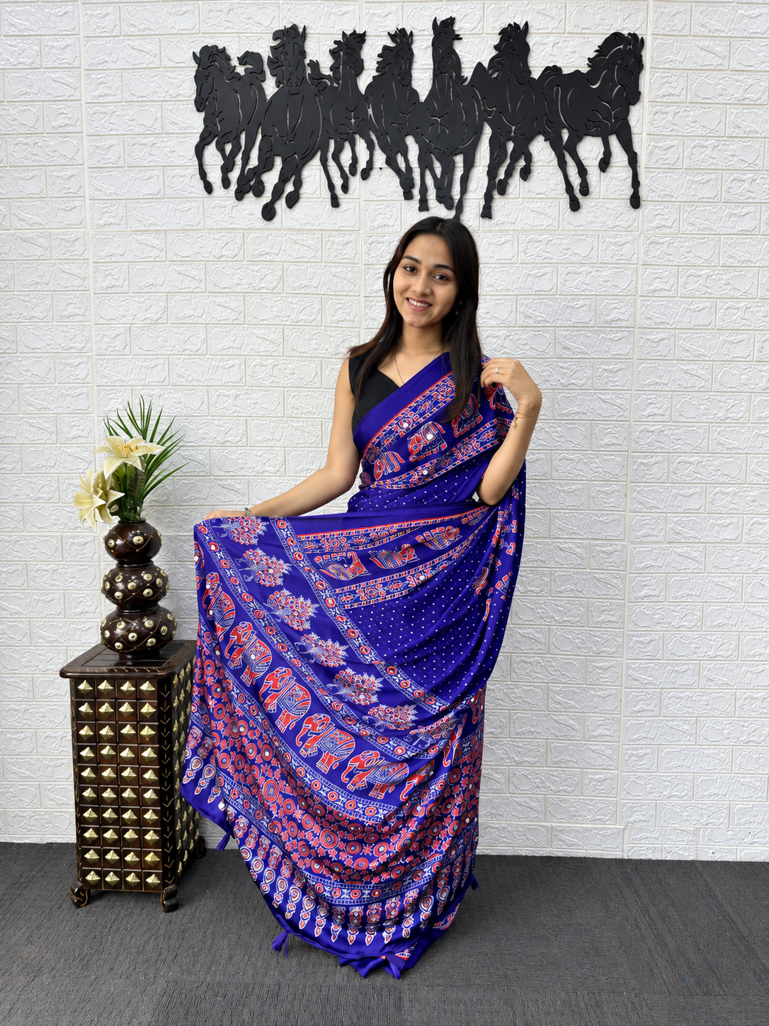 The Blue Darbar Heritage Print  Intricate Borders Saree