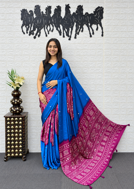 NeelRang Royal Blue & Magenta Japan Satin Silk Mirror Work Saree