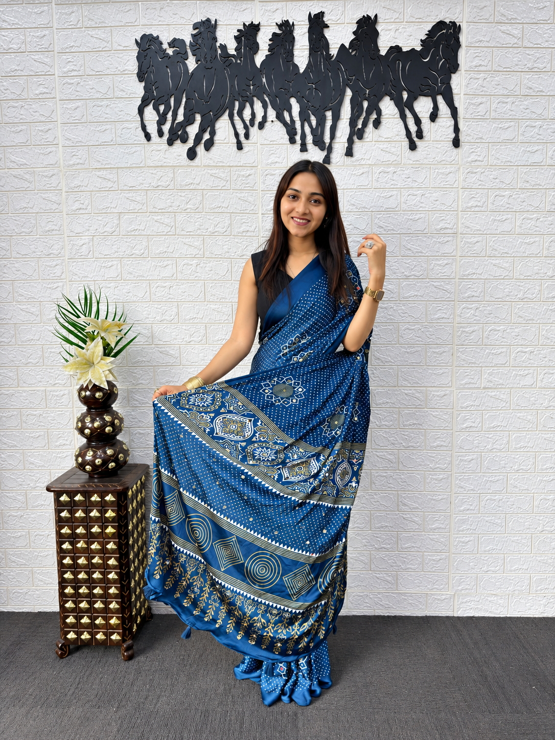 Prussian Blue Japan Satin Silk Mirror Work Saree