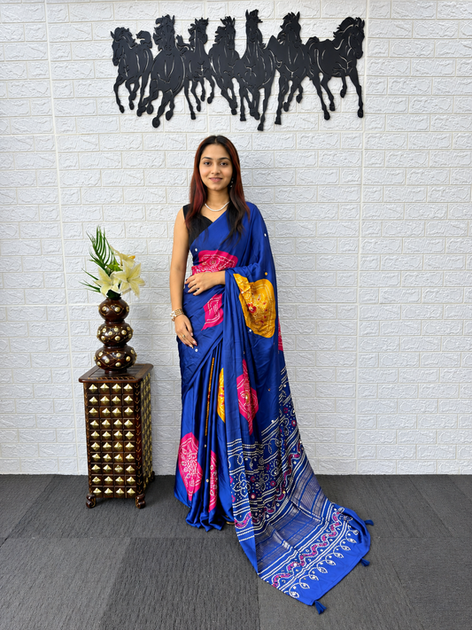 Avani Royal Blue Foil Print Saree with Heavy Mirror Border