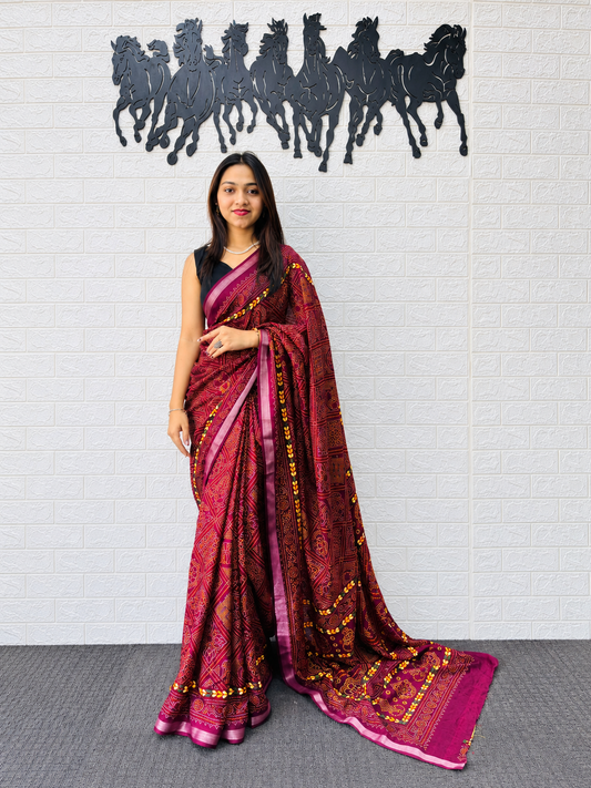 Festive Deep Maroon Heavy Mall Cotton Traditional Printed Saree with Designer Zari Lined Border