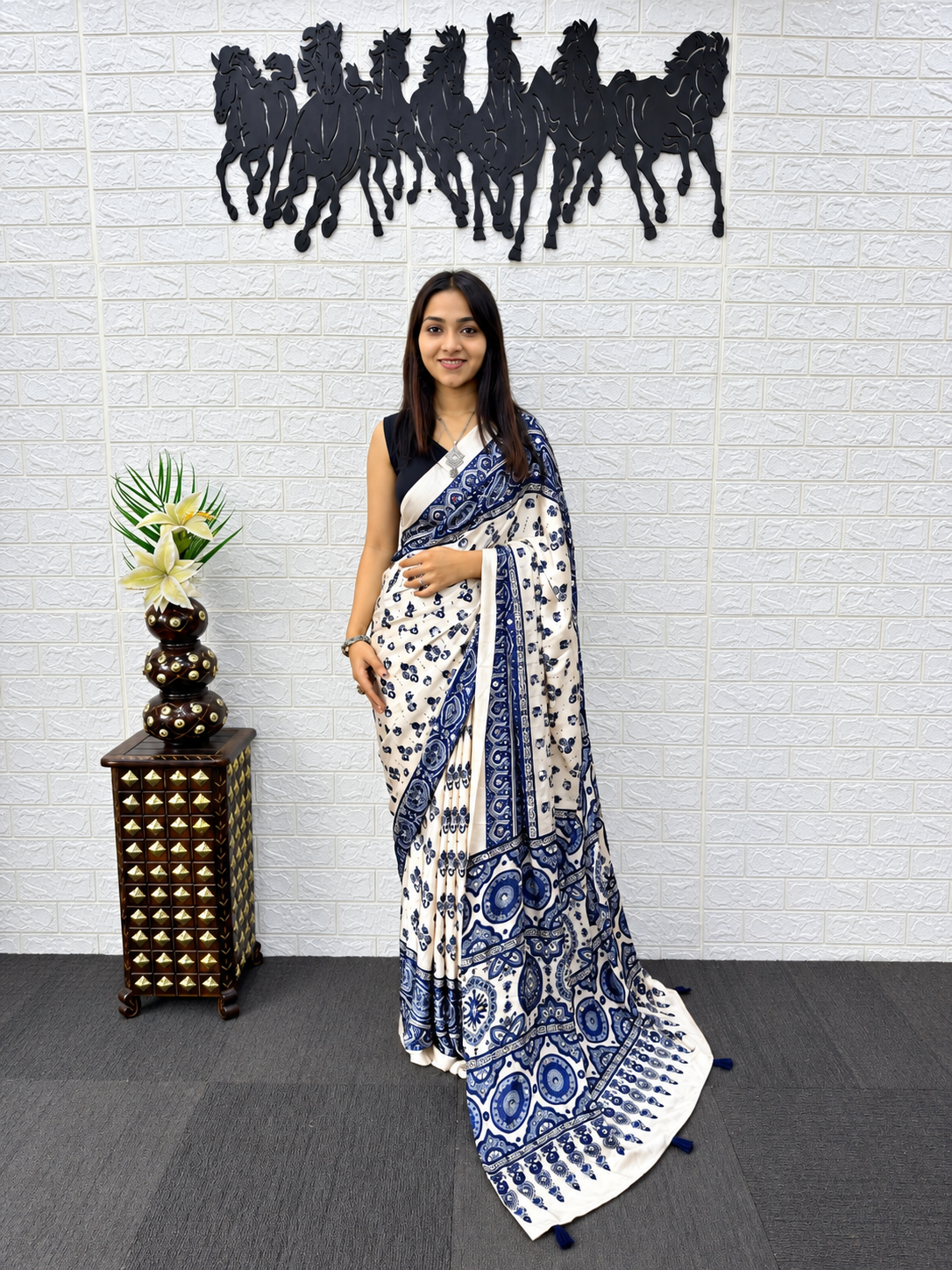 Premium Cream & Navy Japan Satin Silk Saree With Real Mirror Work