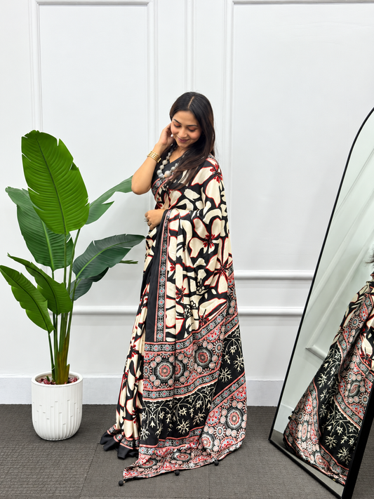 The Midnight Luxe Japan Satin Silk Saree with a High Drama Heavy Latkan Pallu Border