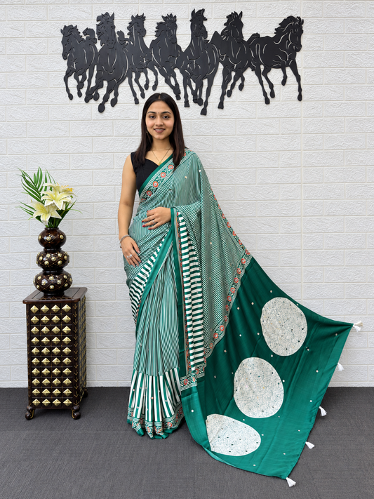 Nyra Premium Royal Mint Stripe Pattern Saree With Heavy Real Mirror Handwork Border