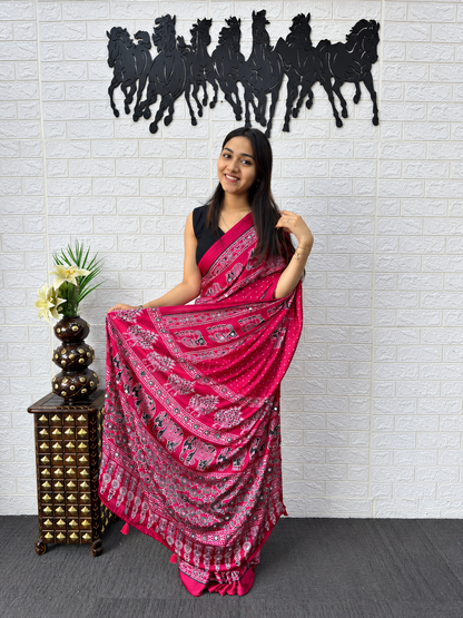 Very Beautiful Pink Japan Silk Saree With Mirror Work
