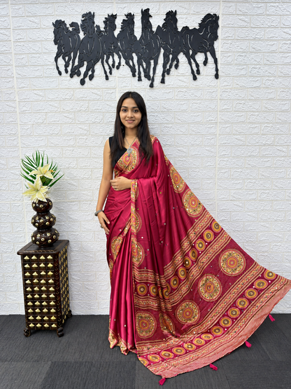 Aadhya  Premium Wine Japan Satin Silk Saree with Heavy Mirror Work & Elegant Viscose Latkan Pallu