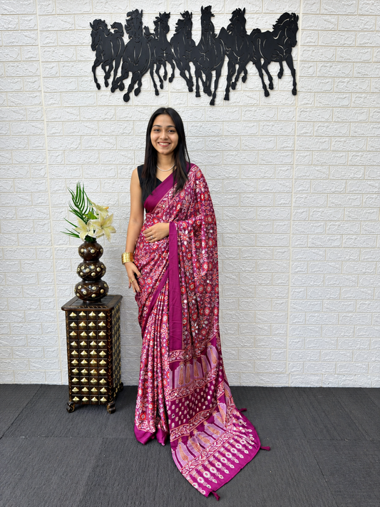 Gorgeous Wine Purple Japan Satin Silk Saree With Elegant Mirror Work & Blouse Piece