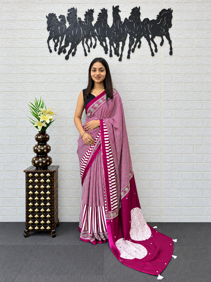Luxury Berry Magenta Striped Satin Silk Saree