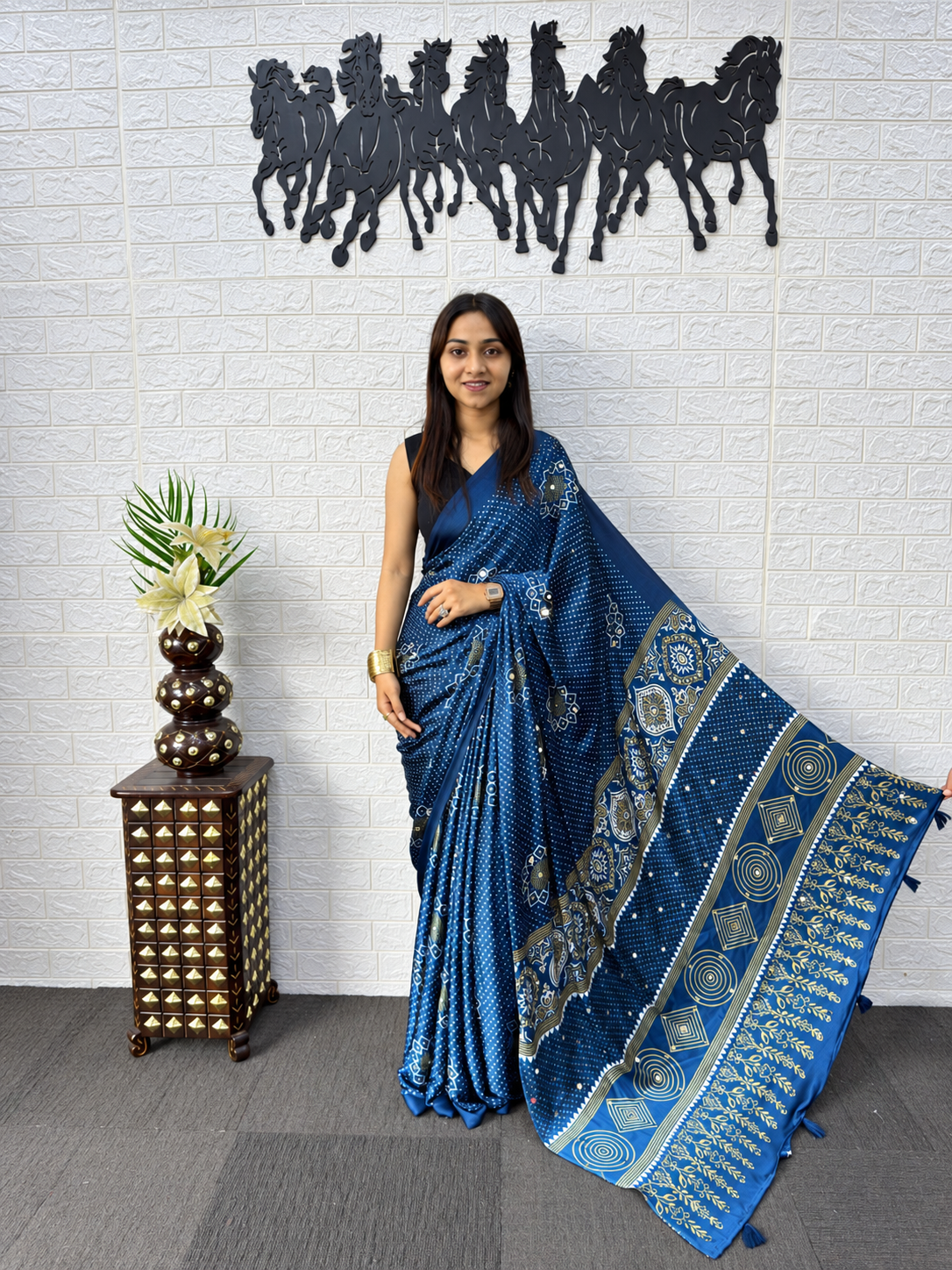 Prussian Blue Japan Satin Silk Mirror Work Saree