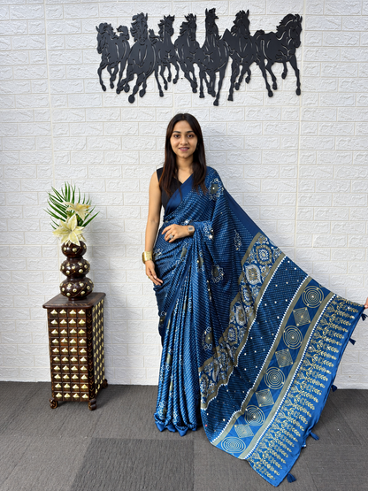 Prussian Blue Japan Satin Silk Mirror Work Saree