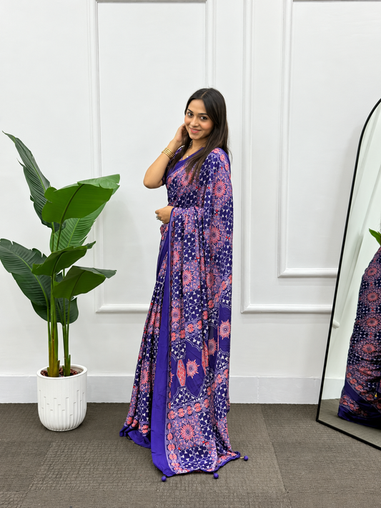 Glorious Purple Crepe Silk Saree With Ethnic Blouse Piece