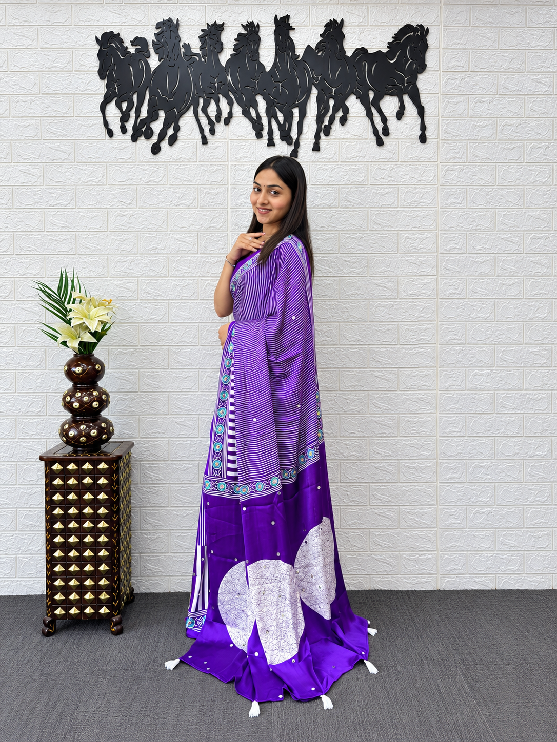 Couture Stripe Saree in Regal Violet: Premium Japan Satin Silk Saree