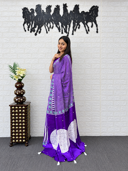 Couture Stripe Saree in Regal Violet: Premium Japan Satin Silk Saree