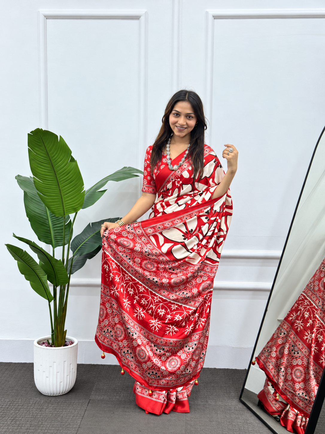 Crimson Flora Premium Japan Satin Silk Saree with Heavy Latkan Pallu