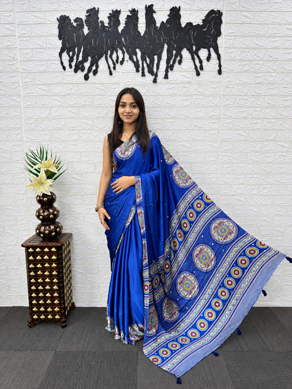 Blue Twilight Premium Japan Satin Silk Festive Saree with Viscose Latkan Border