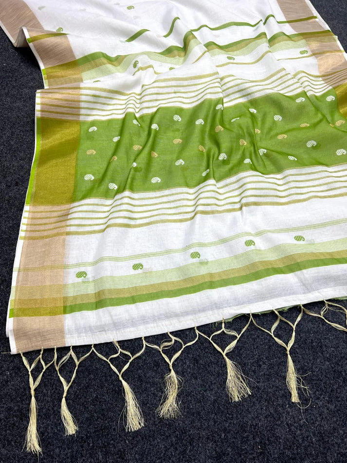 Elegant White Cotton Saree with Olive Green Border – Minimal Festive Look
