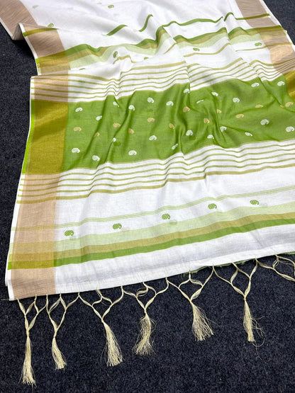 Elegant White Cotton Saree with Olive Green Border – Minimal Festive Look