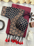 Gorgeous Maroon Handloom Pure Cotton Saree with Ajrakh Padded Stitched Blouse