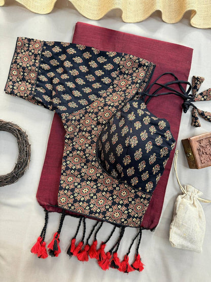 Gorgeous Maroon Handloom Pure Cotton Saree with Ajrakh Padded Stitched Blouse