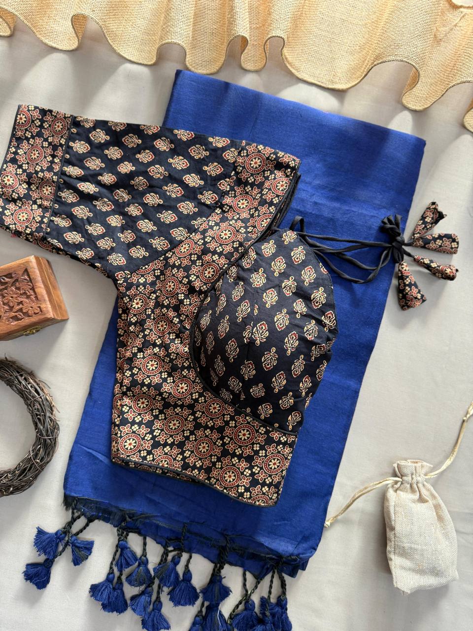 Trendy Blue Handloom Pure Cotton Saree with Ajrakh Padded Stitched Blouse