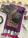 Wine Handloom Cotton Saree With Black Ajrakh Print Stitched Blouse
