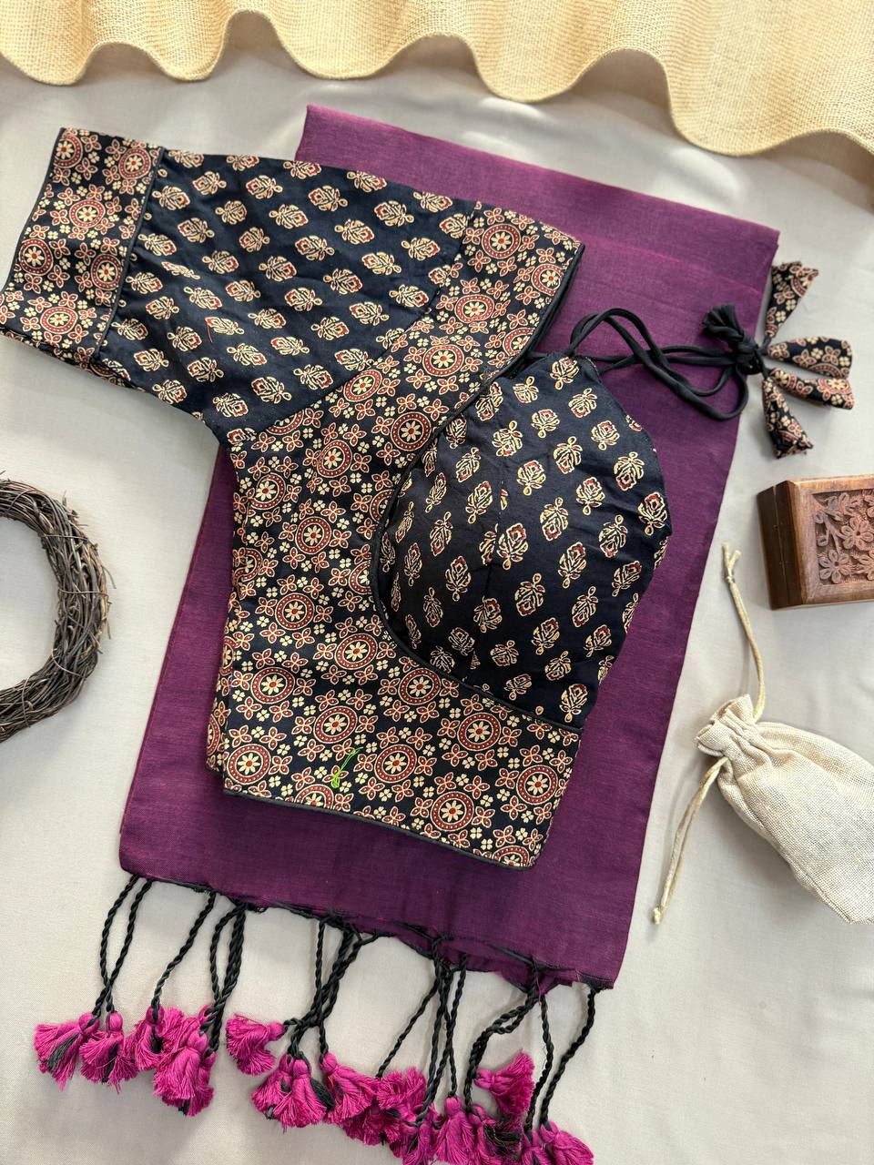 Wine Handloom Cotton Saree With Black Ajrakh Print Stitched Blouse