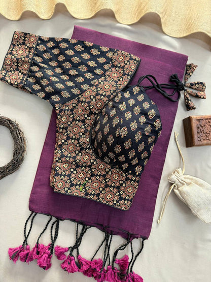 Wine Handloom Cotton Saree With Black Ajrakh Print Stitched Blouse