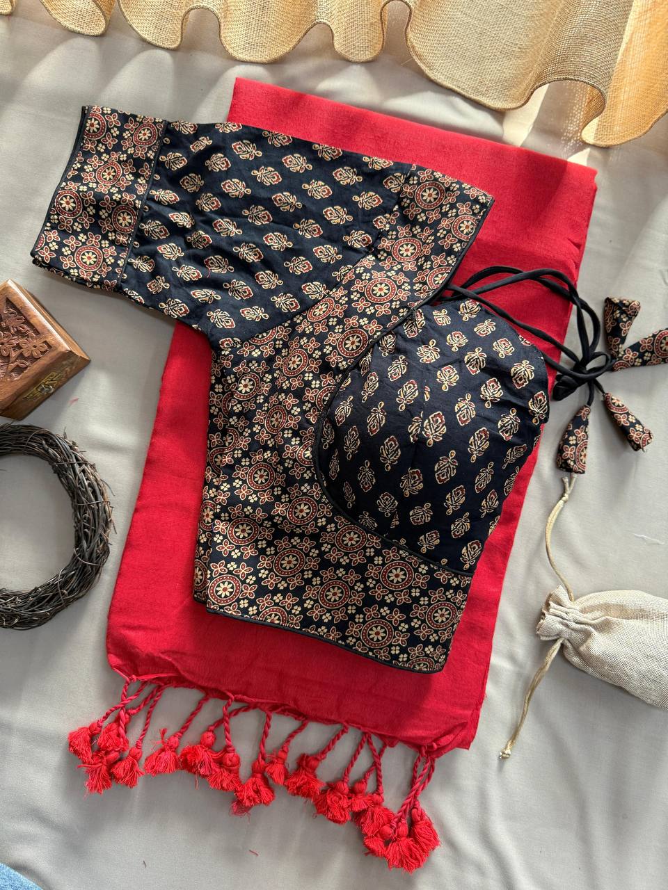 Red Handloom Cotton Saree With Black Ajrakh Print Stitched Blouse