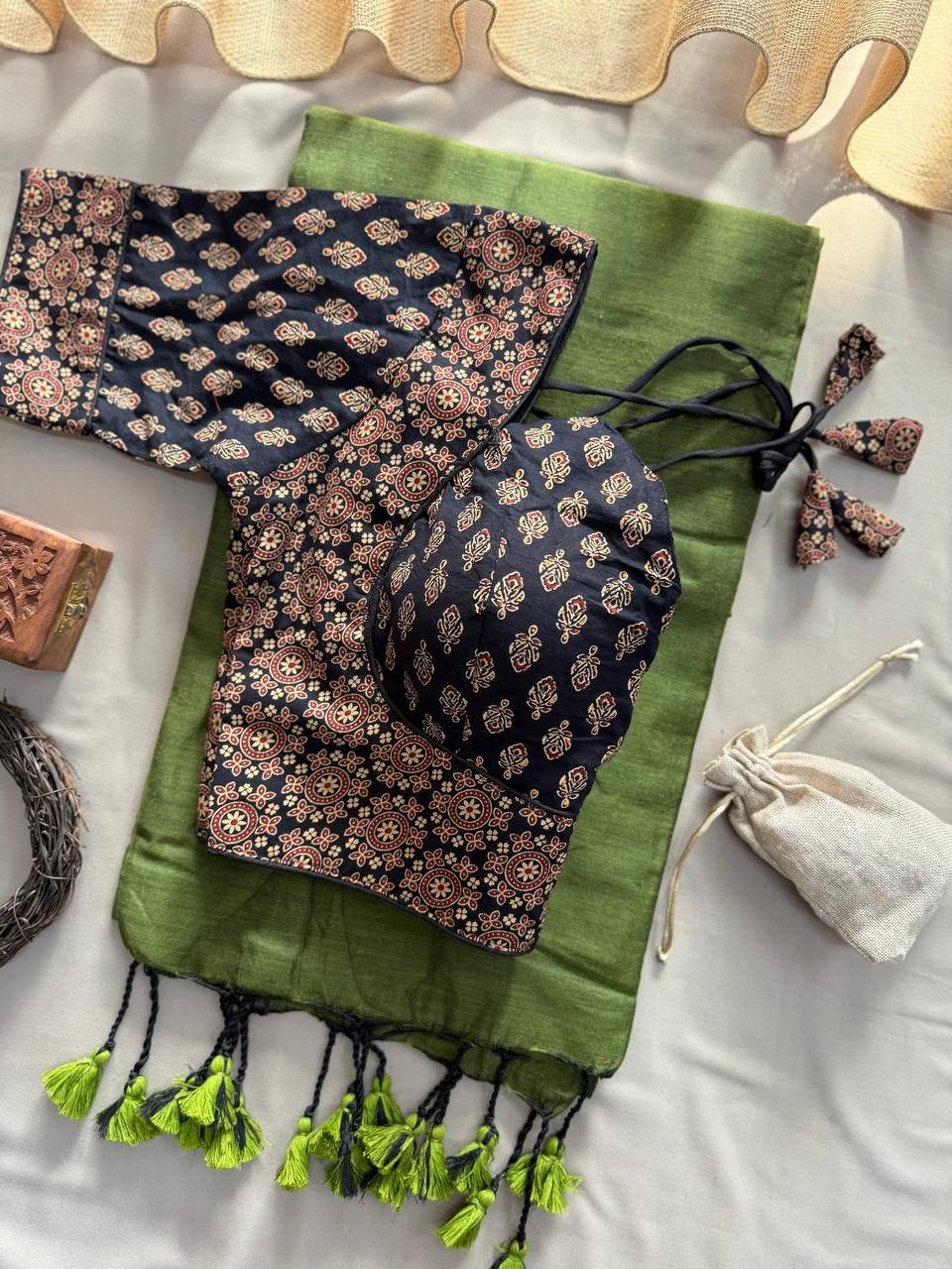 Green Handloom Cotton Saree With Black Ajrakh Print Stitched Blouse