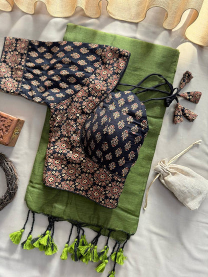 Green Handloom Cotton Saree With Black Ajrakh Print Stitched Blouse