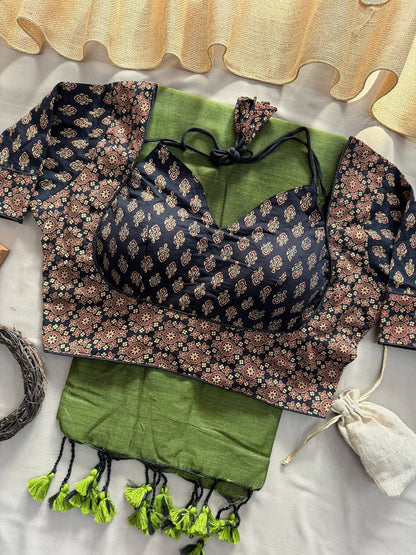 Green Handloom Cotton Saree With Black Ajrakh Print Stitched Blouse