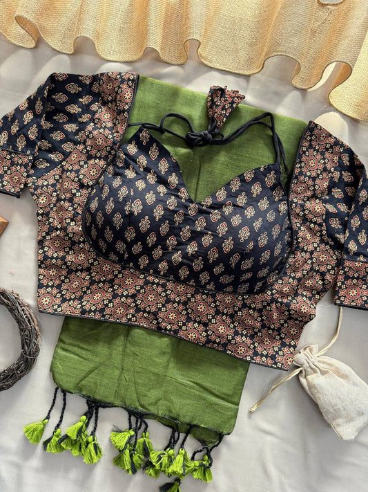 Green Handloom Cotton Saree With Black Ajrakh Print Stitched Blouse