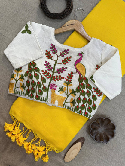 Yellow Pure Handloom Cotton Saree With Stitched Embroidery Blouse