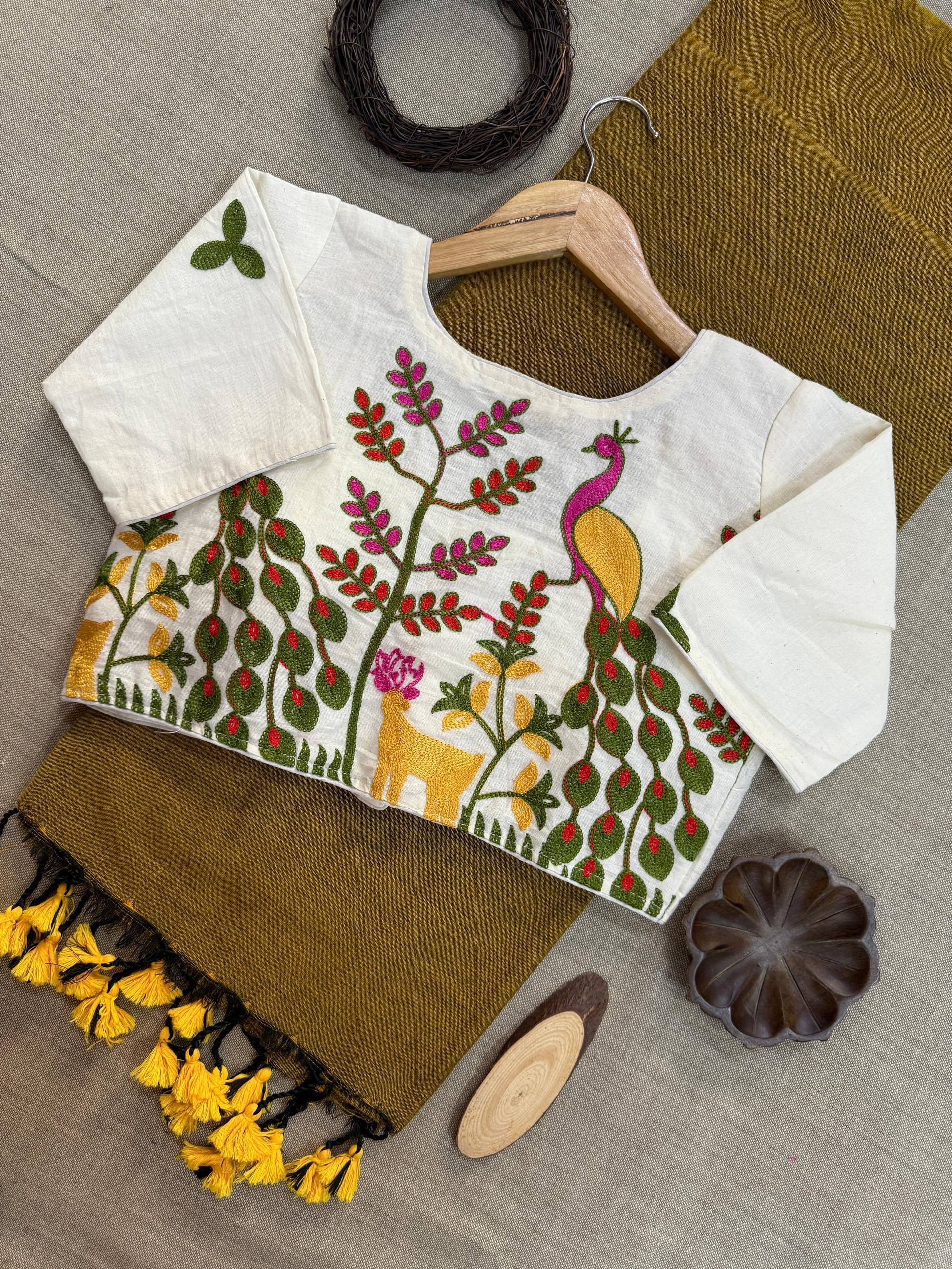 Musterd Pure Handloom Cotton Saree With Stitched Embroidery Blouse