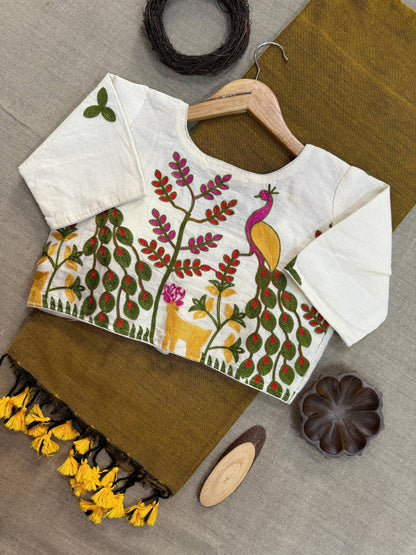 Musterd Pure Handloom Cotton Saree With Stitched Embroidery Blouse