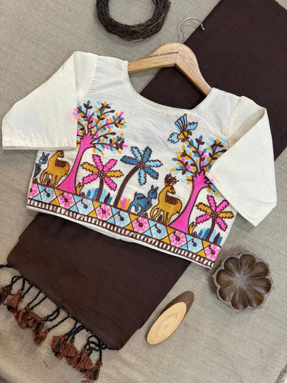 Coffee Pure Handloom Cotton Saree With Stitched Embroidery Blouse