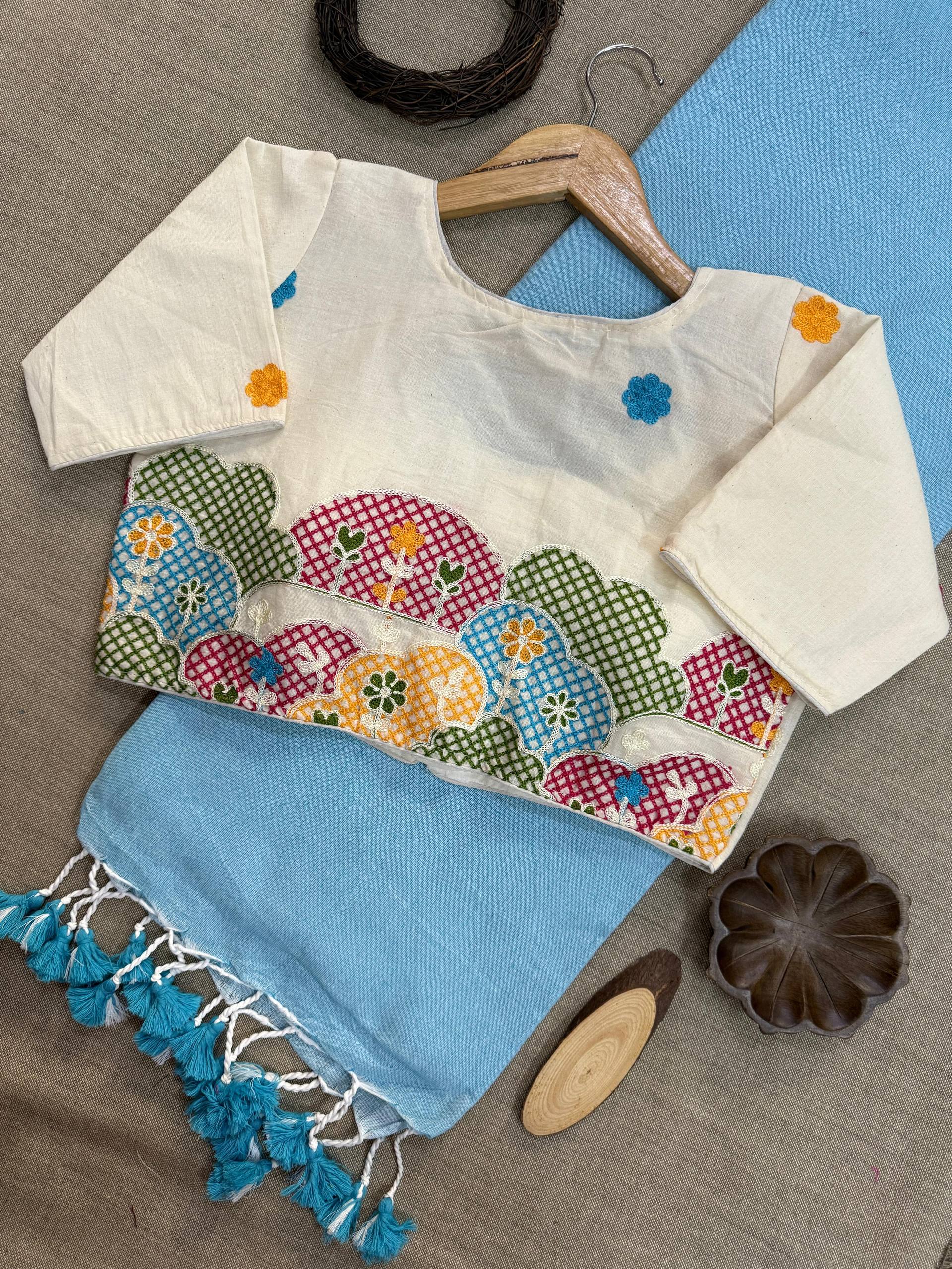 Sky Blue Pure Handloom Cotton Saree With Stitched Embroidery Blouse