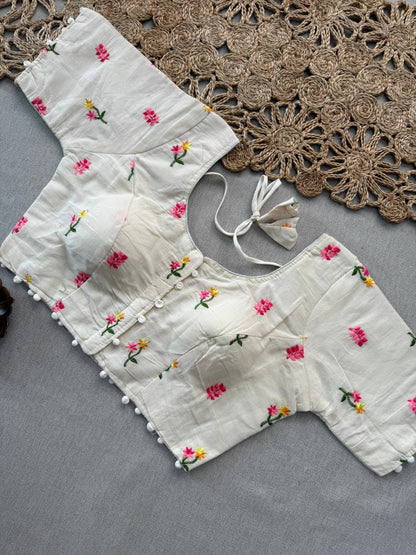 Baby Pink Handloom Cotton Saree With Embroidery Stitched Blouse