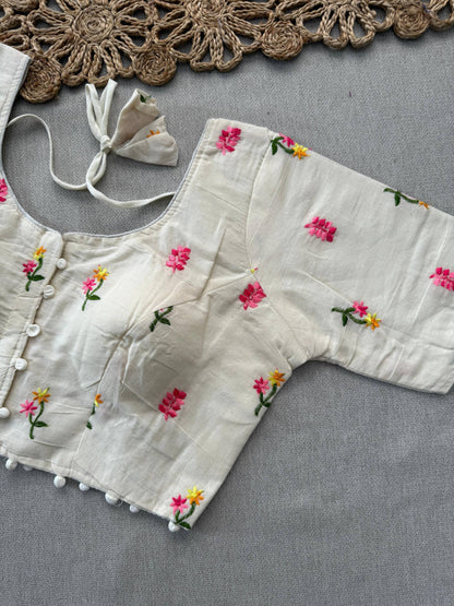 Baby Pink Handloom Cotton Saree With Embroidery Stitched Blouse