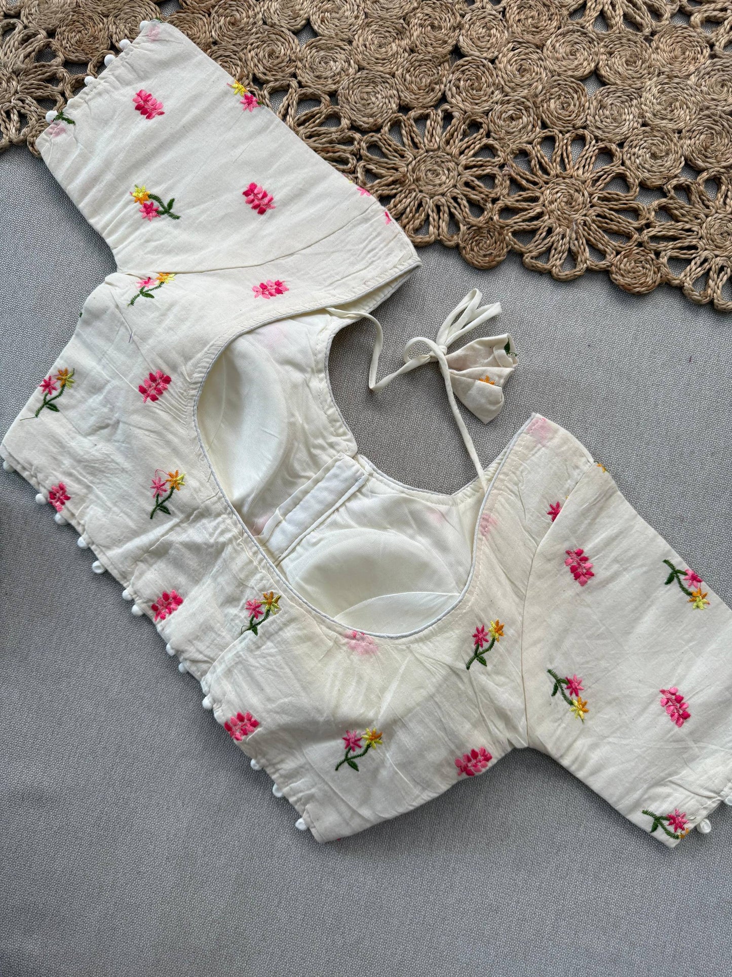 Baby Pink Handloom Cotton Saree With Embroidery Stitched Blouse