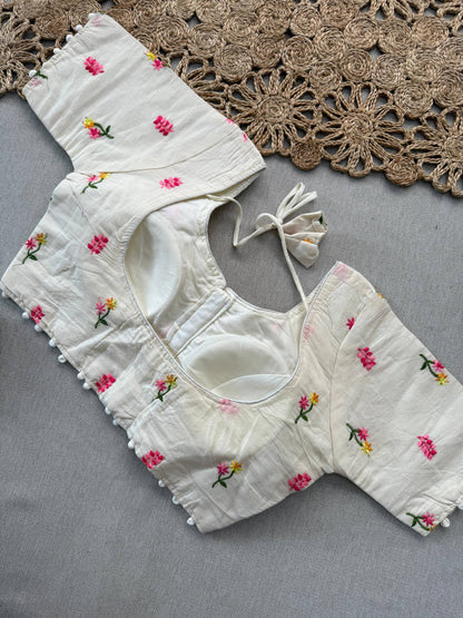 Baby Pink Handloom Cotton Saree With Embroidery Stitched Blouse