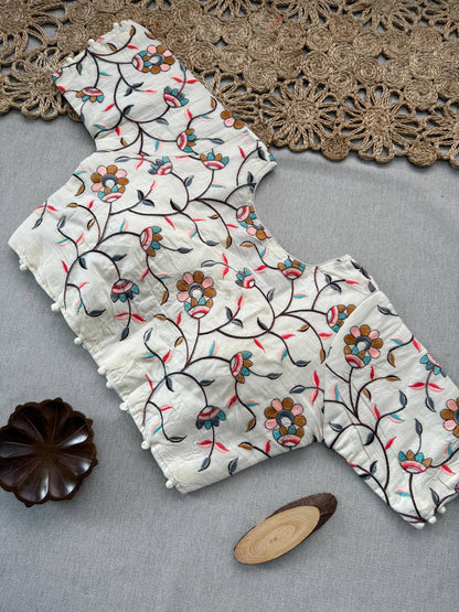 Wine Handloom Cotton Saree With Embroidery Stitched Blouse