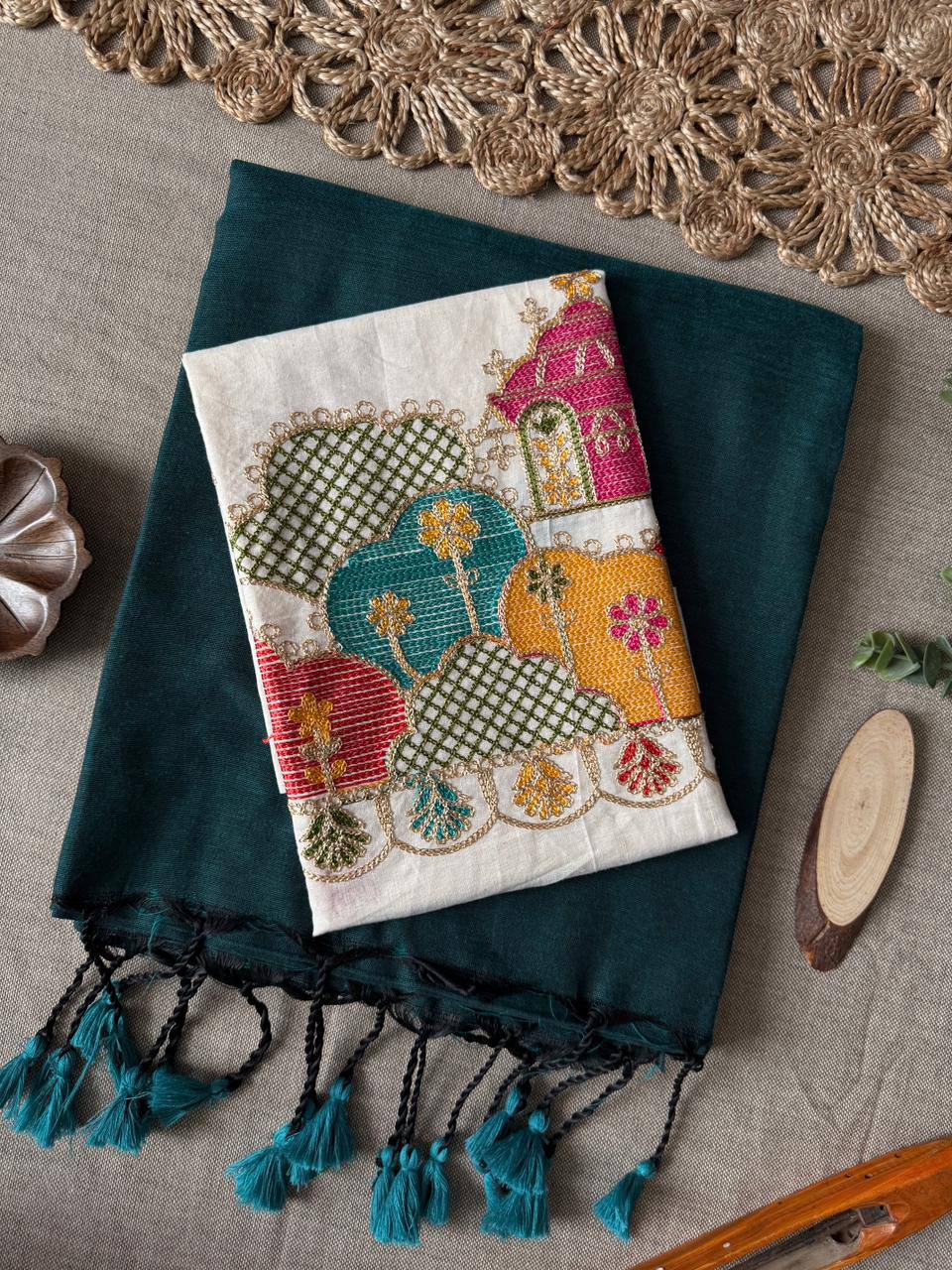 Rama Handloom Cotton Saree With Havy Embroidery Blouse