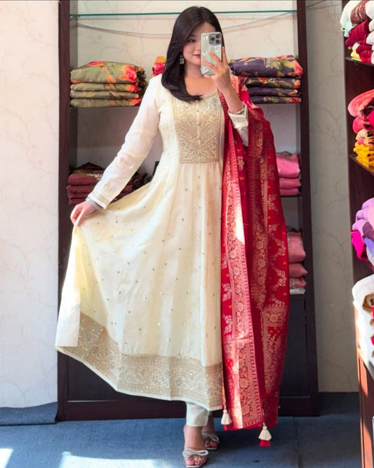 MOST ATTRACTIVE BANANA SILK ANARKALI STYLE SUIT SET